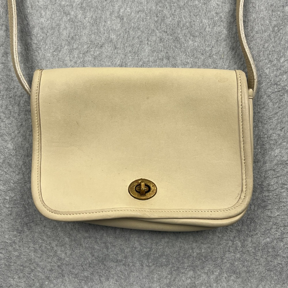 Laura USA Crossbody Purse Small Cream Tan Leather Brass Turnlock Minimalist Bag
